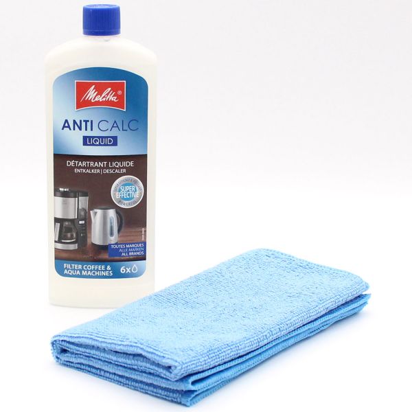 Entkalker für Filter-Kaffeemaschinen + Mikrofasertuch Geeignet für Melitta Anti Calc Liquid, 250 ml