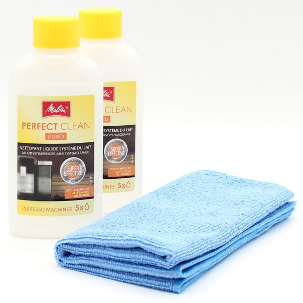 2x Milchsystem-Reiniger + Mikrofasertuch Geeignet für Melitta Perfect Clean Liquid, 2 x 250 ml