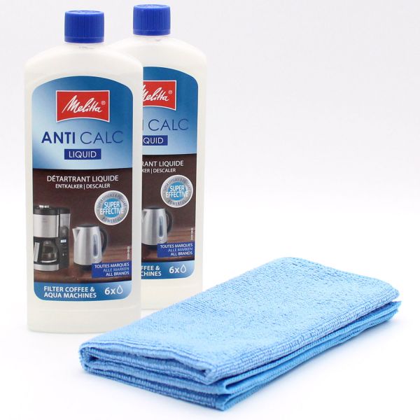 2 Entkalker für Filter-Kaffeemaschinen + Mikrofasertuch Geeignet für Melitta Anti Calc Liquid 250ml