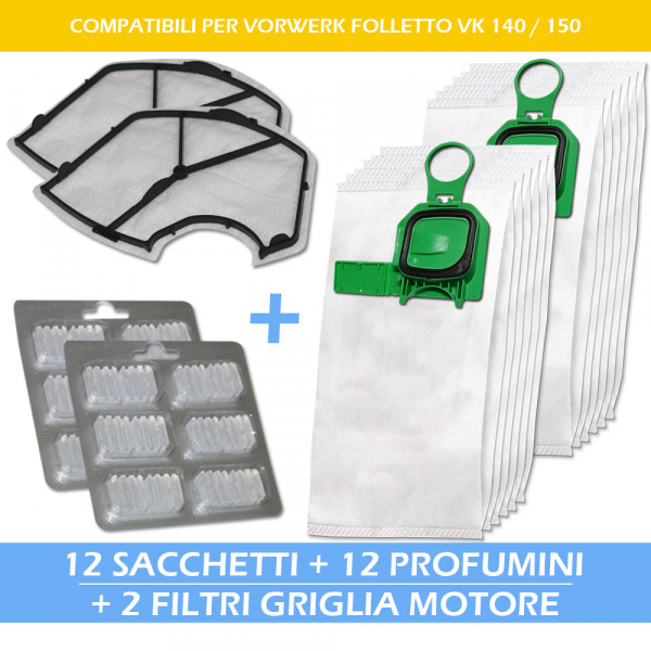 Premium Sparpaket 12 Staubbeutel + 2 Motorfilter + 12 Duft geeignet für Vorwerk Kobold VK 140 150
