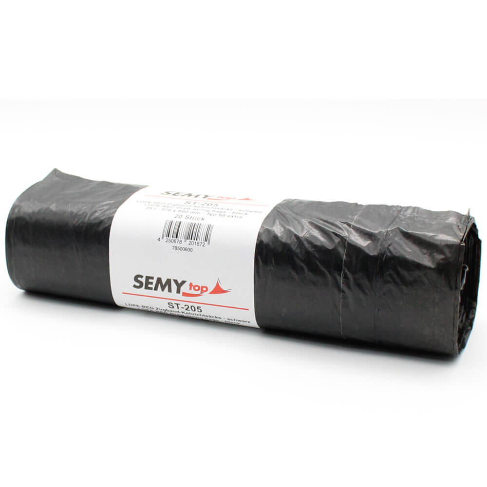 Zugband-Kehrichtsäcke, LDPE, 720 x 1.000 mm, Typ 100, ca. 110 Liter, schwarz - SemyTop - ST-215