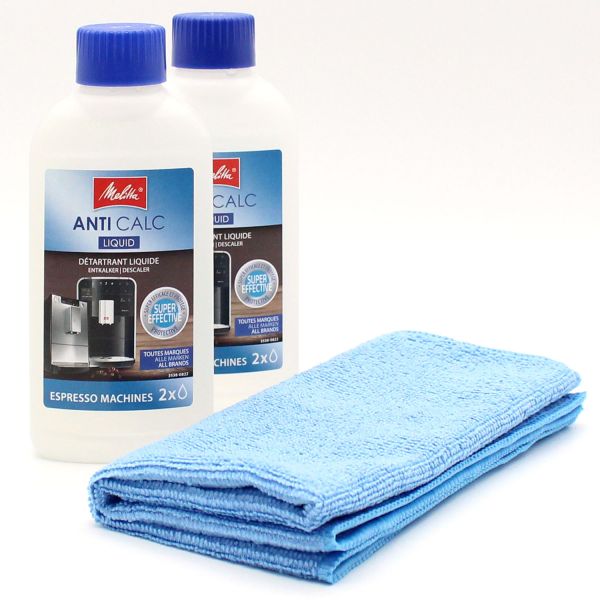 2x Entkalker für Kaffeevollautomaten + Mikrofasertuch Geeignet für Melitta Anti Calc Liquid 250 ml